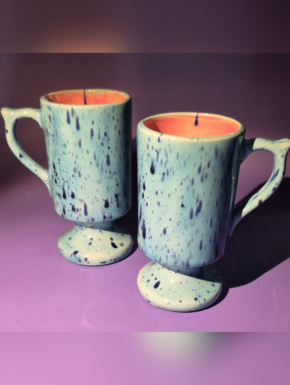 Speckled Ceramic Mugs in Aqua with Coral Interior